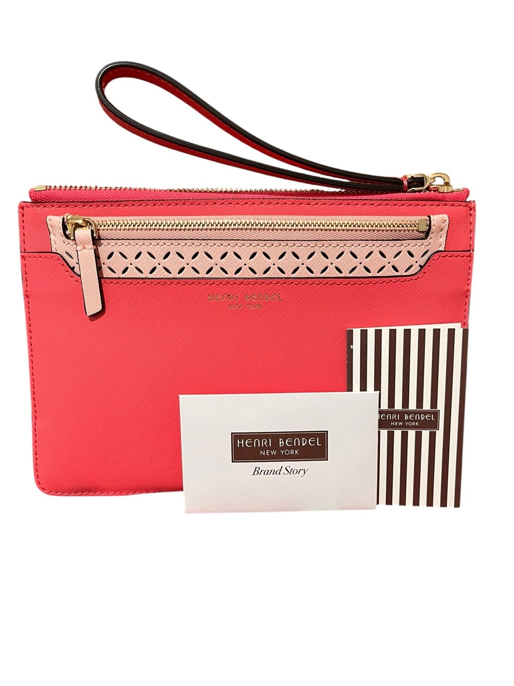 Henri Bendel Kangaroo 2-in-1 Zip Clutch Wristlet Coral Pink Saffiano Leather NEW